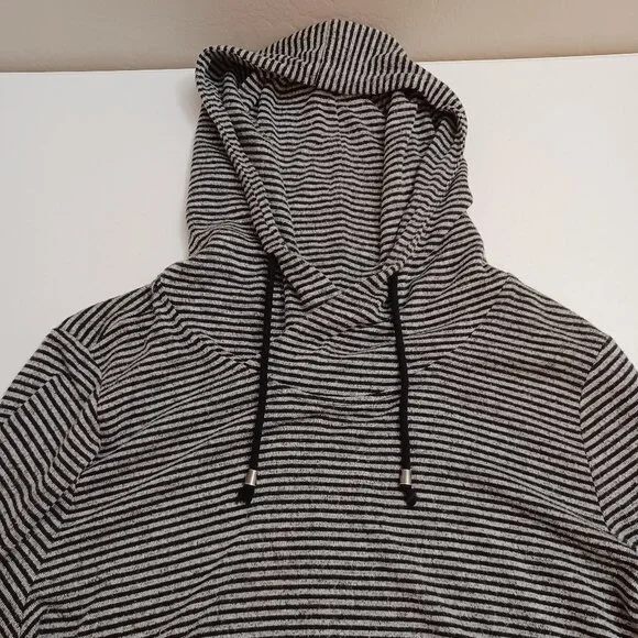 Women's Premise Black N White Striped Drawstring Hoodie with Side Slits Size XL - Picture 3 of 8
